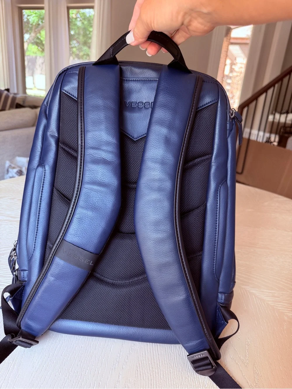 Vessel brand Men's Navy Faux-Leather Backpack with Front Zip Pocket